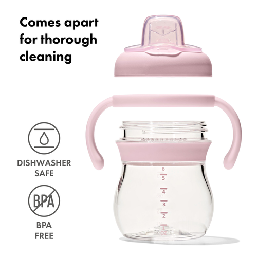 แก้วน้ำ มีหูจับ พร้อมหลอด 6 ออนซ์ สีชมพูพาสเทล I OXO TOT TRANSITIONS SOFT SPOUT SIPPY CUP WITH REMOVABLE HANDLES 6 OZ BLOSSOM