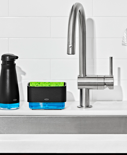 ที่วางฟองน้ำ พร้อมฐานเติม สีดำด้าน I OXO Soap Dispensing Sponge Holder - Matte Black