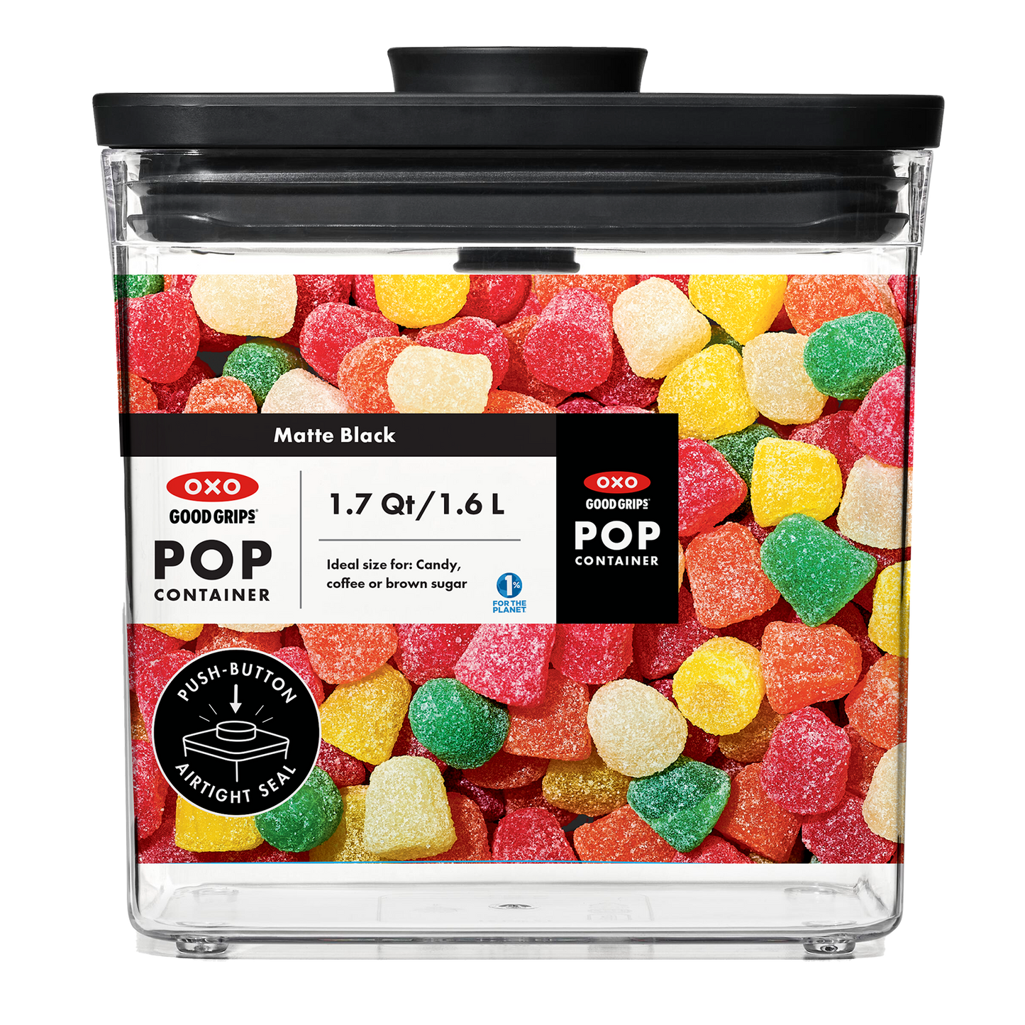 กล่องถนอมอาหาร สี่เหลี่ยมผืนผ้า ขนาดใหญ่ 1.6 ลิตร/1 kg ฝาดำด้าน I OXO POP CONTAINDER RECTANGLE SHORT 1.6 L (1 KG) - MATTE