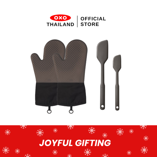 (Gift Set) ถุงมือซิลิโคน สีดำ 2 ชิ้น ไม้พายซิลิโคน สีดำ 2 ขนาด (ขนาดเล็กและขนาดใหญ่) I OXO Silicone Oven Mitt - Black 2 pc & Small and Large Silicone Spatula - Peppercorn