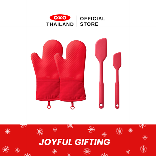 (Gift Set) ถุงมือซิลิโคน สีแดง 2 ชิ้น ไม้พายซิลิโคน สีแดง 2 ขนาด (ขนาดเล็กและขนาดใหญ่) I OXO Silicone Oven Mitt - Red 2 pc & Small and Large Silicone Spatula - Jam