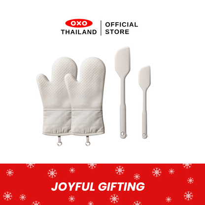 (Gift Set) ถุงมือซิลิโคน สีขาว 2 ชิ้น ไม้พายซิลิโคน สีข้าวโอ๊ต 2 ขนาด (ขนาดเล็กและขนาดใหญ่) I OXO Silicone Oven Mitt - Oat 2 pc & Small and Large Silicone Spatula - Oat