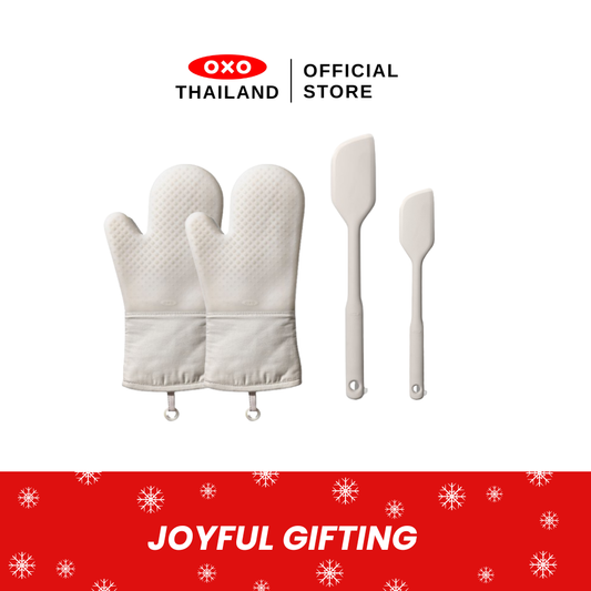 (Gift Set) ถุงมือซิลิโคน สีขาว 2 ชิ้น ไม้พายซิลิโคน สีข้าวโอ๊ต 2 ขนาด (ขนาดเล็กและขนาดใหญ่) I OXO Silicone Oven Mitt - Oat 2 pc & Small and Large Silicone Spatula - Oat
