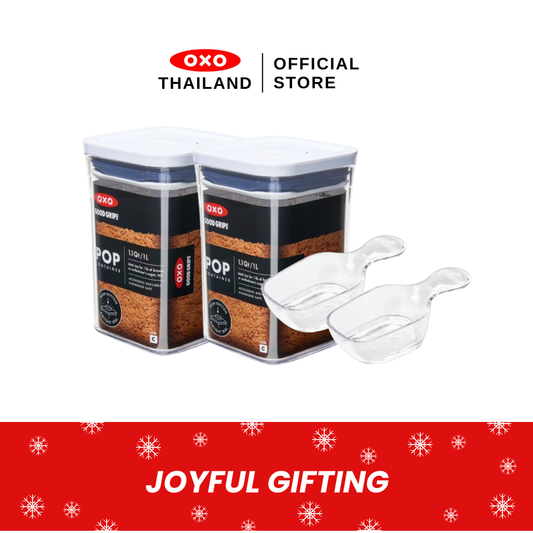 (Gift Set) กล่องถนอมอาหาร สี่เหลี่ยมจตุรัส 1 ลิตร 2 ชิ้น พร้อมช้อนตัก 2 คู่ I OXO Pop Container Mini 1 L.& Coffee Scoop 2 pc