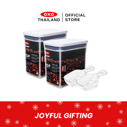 (Gift Set) กล่องถนอมอาหาร สี่เหลี่ยมจตุรัส 1.6 ลิตร 2 กล่อง พร้อมช้อนตัก 2 ชิ้น I OXO Pop Container Mini 1.6 L. 2 pc & Coffee Scoop 2 pc
