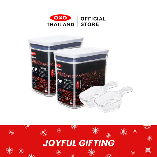 (Gift Set) กล่องถนอมอาหาร สี่เหลี่ยมจตุรัส 1.6 ลิตร 2 กล่อง พร้อมช้อนตัก 2 ชิ้น I OXO Pop Container Mini 1.6 L. 2 pc & Coffee Scoop 2 pc