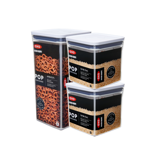 กล่องถนอมอาหาร เซ็ตใหญ่จุเยอะ ทรงสี่เหลี่ยมจตุรัสใหญ่ สำหรับซีเรียล ข้าวสาร ขนมปัง (ไม่มีกล่อง) I OXO POP Family Pack (No Box)