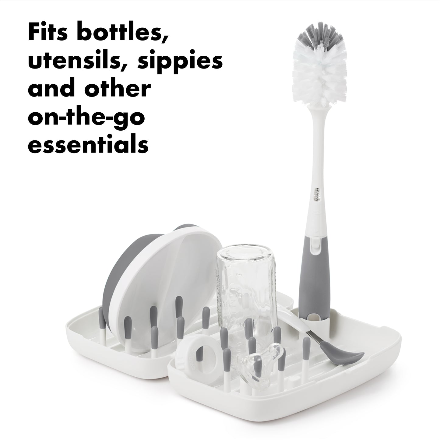 แปรงล้างขวดนม แบบพกพา สีเทา | OXO Tot on-the-go drying rack & bottle brush Grey
