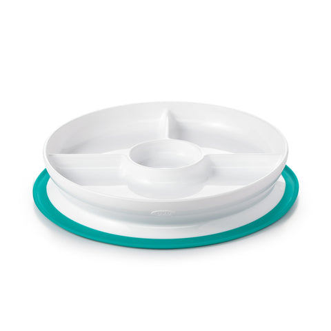 จานอาหารเด็ก 3 ช่อง ที่ยึดติดกับโต๊ะ สีฟ้าน้ำทะเล l OXO Tot Stick & Stay Suction Divided Plate Teal