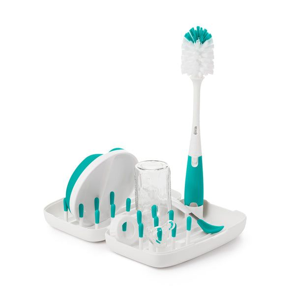 แปรงล้างขวดนม แบบพกพา สีฟ้าน้ำทะเล | OXO Tot on-the-go drying rack & bottle brush teal